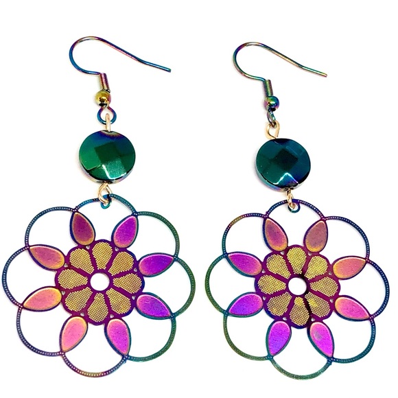 Rainbow Purple Gold Green Blue Stainless Steel Flower Mandala and Glass Earrings - Picture 2 of 3